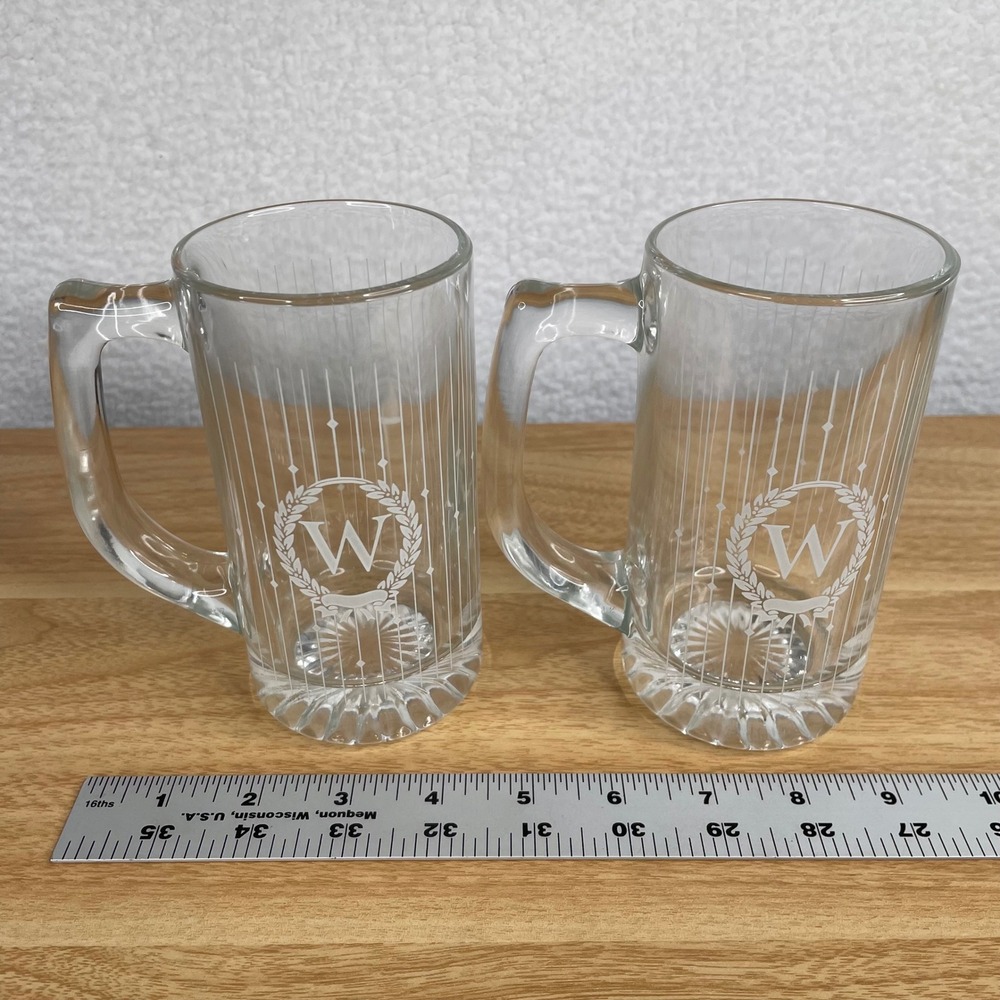Set of 2 Monogrammed "W" Etched Glass Beverage Beer‎ Mugs Avon Personally Yours